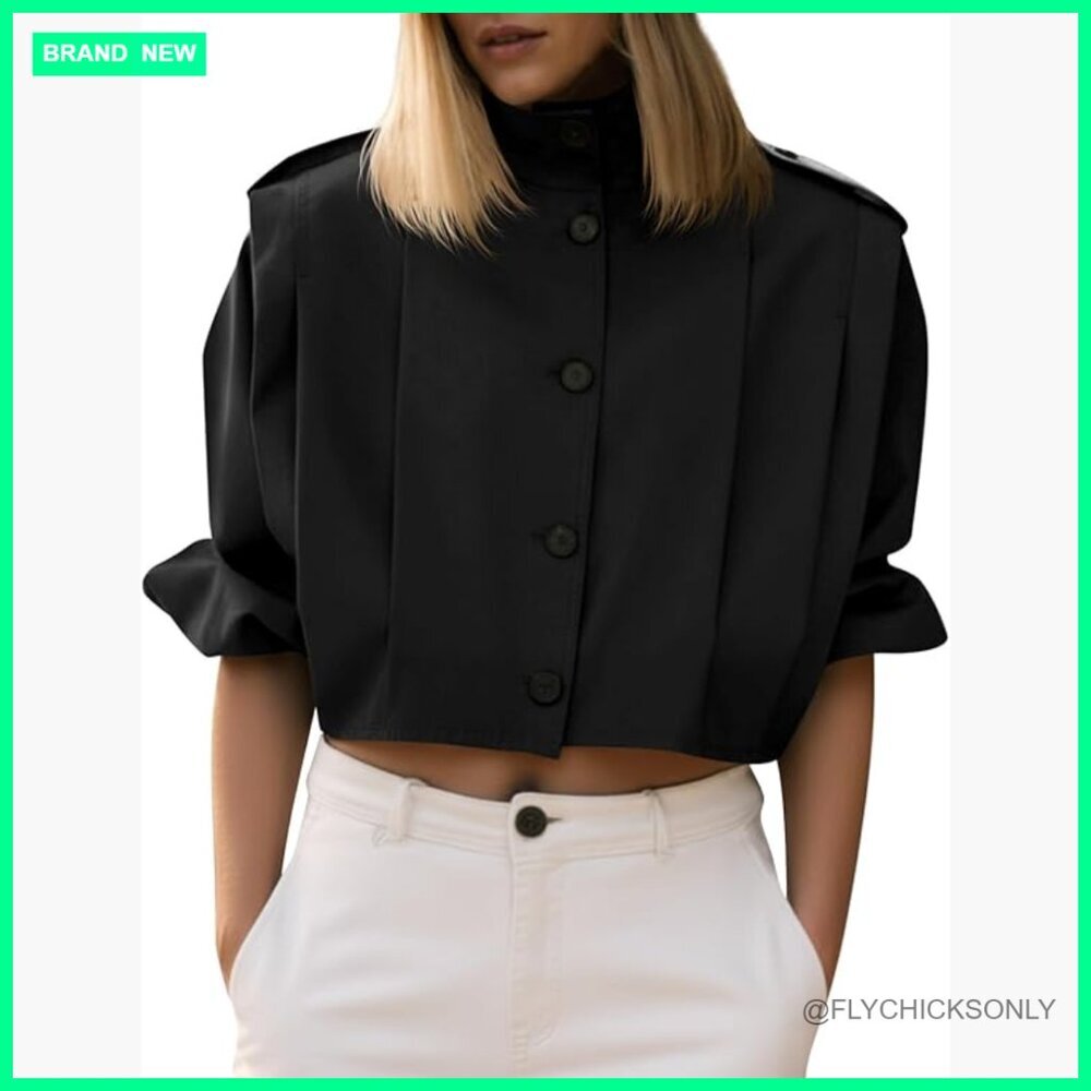 Cropped Trench Coat Pleated Button Down Jacket Loose Fit 100% Polyester